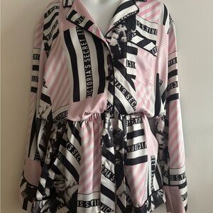Victoria's Secret iconic logo print Pink and Black Striped Romper - NWT